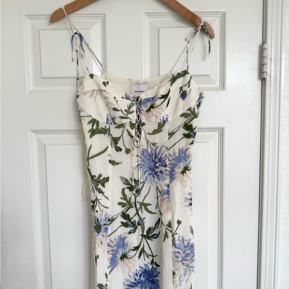 Reformation Emely Dress Midi Length Serenity Ivory Lilac Floral Lace Up French - Picture 6 of 11